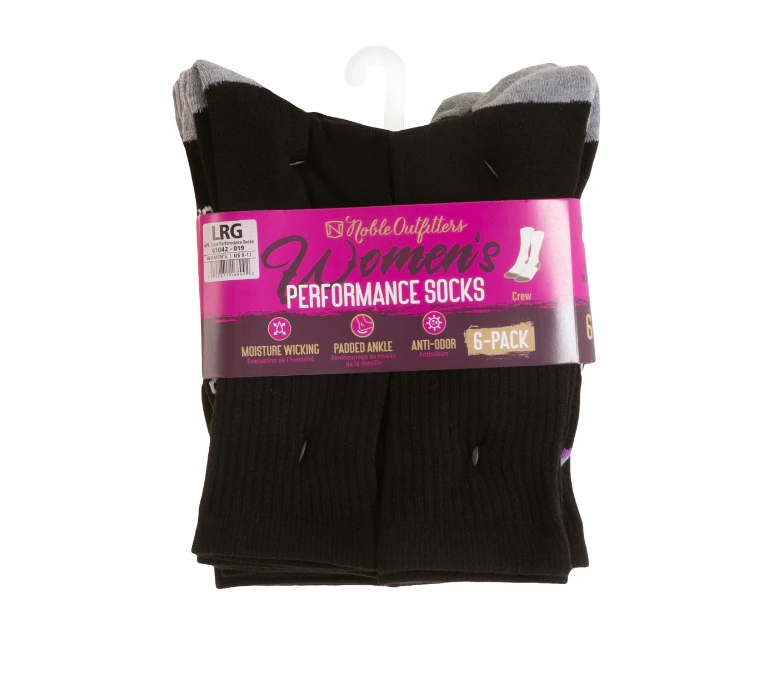 Noble Outfitters Women's 6pk Performance Crew Socks, Black 2 Noble Outfitters Women's 6pk Performance Crew Socks, Black - Image 2